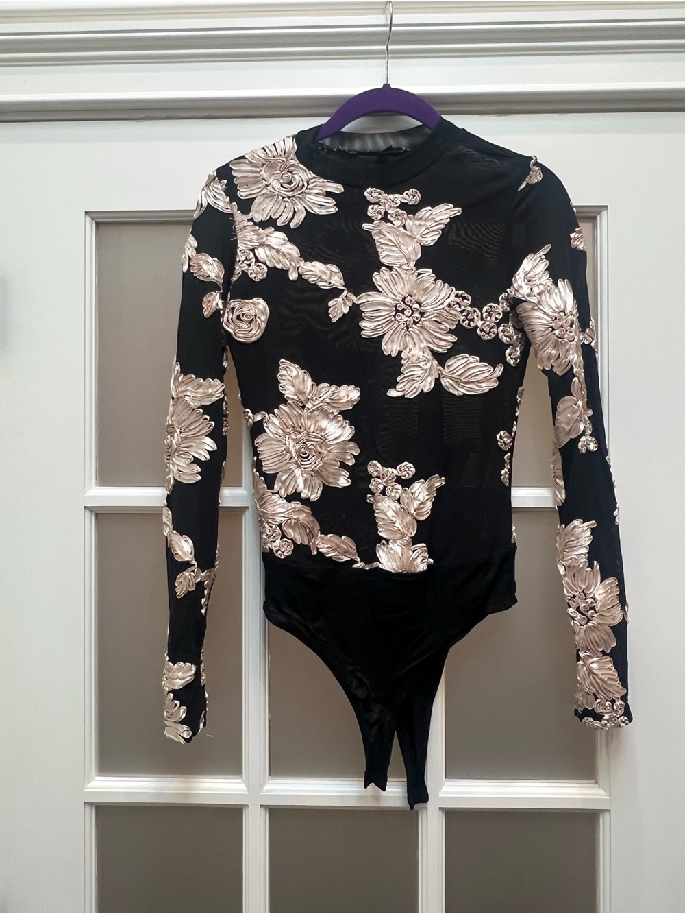 Women's Black Long-Sleeve Sheer Floral Bodysuit with Metallic Rose Accents